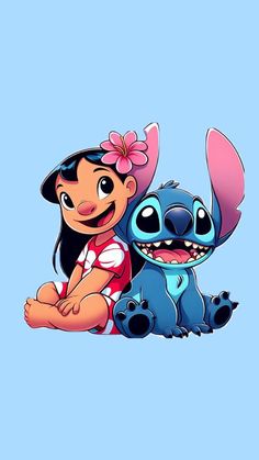 the cartoon character lil and stitch is sitting next to each other on a blue background