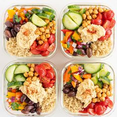 four plastic containers filled with assorted veggies and chickpea salads