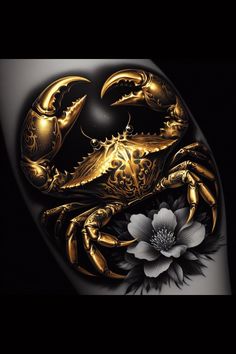 a black and gold crab with a flower on it's back side, in front of a dark background