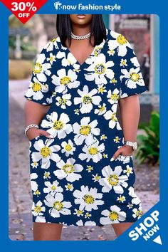 knowfashionstyle Casual Floral Print Pocket V Neck Short Sleeve Pockets Plus Size T-shirt Midi Dresses T Shirt Midi Dress, Printed Tunic Dress, Floral Print Tunic, Floral Pocket, Plus Size T Shirt, Chic Casual, Shirt Dress Style, Soft Floral, T Shirt Style