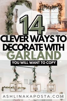 14 clever ways to decorate your home with faux garland this Christmas — ASHLINA KAPOSTA Arbor Christmas Decorating Ideas, Ornaments On Ribbon In Window, Ideas For Garland, Christmas Garland Ideas Apartment, Garland On Sconces, Where To Put Garland Christmas, Christmas Garland Ideas Hallway, Modern Farmhouse Christmas Garland, Christmas Decor Doorway Inside