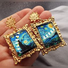 New Real Beautiful Stainless Steel Van Gogh Starry Night Oil Painting Gold Tone Earrings Stainless Steel And Glass Starry Night Jewelry, Night Oil Painting, Night Hairstyles, Turquoise Hoop Earrings, Painting Gold, Earrings Handmade Dangle, Starry Night Van Gogh, Open Hoop Earrings, Blue Tassel