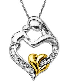 A heartwarming diamond necklace with beautifully crafted figures of a mother and baby linked in a heart. The perfect gift for the new mother set in 14k gold and sterling silver. Macy's Diamond Cut Jewelry For Anniversary, Hallmarked White Gold Jewelry For Mother's Day, Macy's Silver Necklace With Diamond Accents, Macy's Silver Necklaces With Diamond Accents, Mother's Day White Gold Jewelry With Polished Finish, Fine Jewelry In White Gold For Mom, Macy's Sterling Silver Jewelry With Brilliant Cut, Macy's Silver Jewelry With Brilliant Cut, White Gold Diamond Jewelry For Mom's Gift