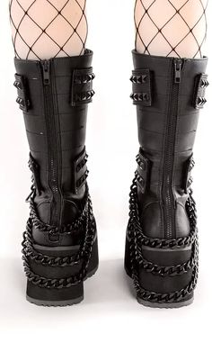 Trashy shoes for trashy peeps.¬† Express your love of all things camp and stompy with this series of boots. Vegan Black PU leather 3 1/4 inch platform Chains O Rings Studs n straps Mid calf length Lace up Side zip U.S men's sizing-refer to size chart for more info¬† Demonia Boots, Leather Platform Boots, Demonia Shoes, Black Vegan, Us Man, Platform Boots, Winter Boot, Mid Calf, Diy Clothes