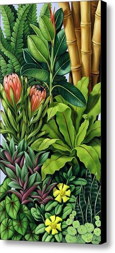 a painting of tropical plants and flowers