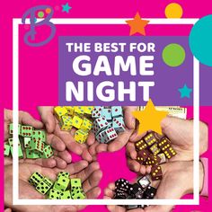 the best for game night poster with hands holding dices and stars on pink background