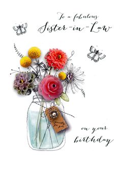 a birthday card with flowers in a mason jar