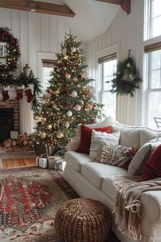 a living room with a christmas tree in the corner