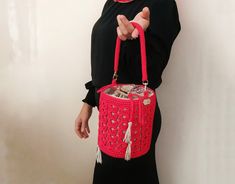 Knitting Lilac Cylinder Handbag Crochet top handle bags closes the mouth of the cotton inner pouch with a ruffle.  Lilac and red color option  Lining combined with bag Red Bucket Bag With Handles, Red Rectangular Crochet Bag With Handles, Handmade Pouch Bucket Bag For Shopping, Handmade Red Bucket Bag For Daily Use, Red Bucket Shoulder Bag Gift Bag, Red Rectangular Bucket Bag For Gift, Red Crochet Pouch Bag For Gift, Handmade Red Bucket Crochet Bag, Handmade Red Crochet Bucket Bag