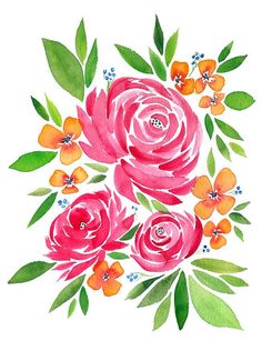 watercolor painting of pink and orange flowers