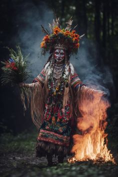 AI generated picture of a female Shaman in the forest, wearing Slavic costume and a flower crown, during a ritual. Ancient Slavic Aesthetic, Native Folklore, Shaman Aesthetic, Slavic Tribes, Slavic Witch, Female Shaman, Slavic Core, Pagan Inspiration, Slavic Goddess