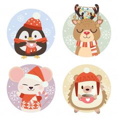 four cute animals wearing christmas hats and scarves