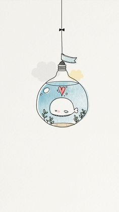 a drawing of a fish in a glass bowl hanging from a wire with a heart on it