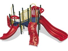 a red and blue play set with two slides on top of each other, in front of a white background