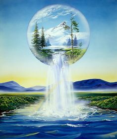 a painting of a waterfall in the middle of a lake