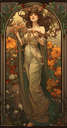 an art nouveau painting of a woman holding flowers