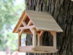 a bird house hanging from the side of a tree in front of a large tree