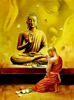 a painting of a man sitting in front of a buddha statue with his hands together