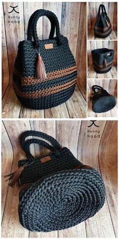 this is an image of a handbag made out of yarn and leather with tassels