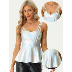 Introducing the stunning Metallic Top for Women - a perfect blend of fashion and comfort! This sleeveless top is designed with a ruffled hem and metallic fabric that adds a touch of glamour to your wardrobe. The side zipper ensures a perfect fit, while the triple spaghetti straps without adjustable buckles give it a unique and eye-catching design. This top is perfect for any special occasion, be it a festival or a party, as it is designed to make you feel fearless and festival-ready. The slim fi Metallic Sleeveless Trendy Top, Metallic Sleeveless Spring Top, Metallic Sleeveless Top For Spring, Trendy Strapped Party Tops, Trendy Party Tops With Straps, Shimmer Sleeveless Tank Top For Spring, Sleeveless Shimmer Tank Top For Spring, Trendy Shimmer Tops For Summer, Trendy Shimmer Summer Tops