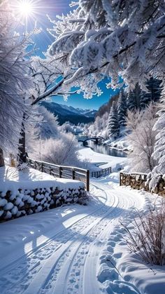 the sun shines brightly on snow covered trees and road in front of a stone fence