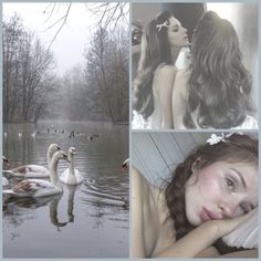 three pictures of two women and swans in the water, one with her head on her hand