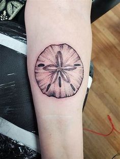 a small sand dollar tattoo on the arm