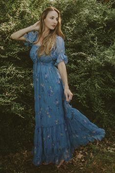 Embrace the ethereal beauty of our Crinkled Chiffon Dress in Dusty Blue. Made from soft, lightweight chiffon delicately printed with mini florals, then crinkled to perfection -- this maxi dress features an adjustable neckline and smocked bodice for a flattering fit. Wear it on or off shoulder, and feel the luxurious, silk-like fabric against your skin. Perfect for nursing and maternity, this dress is as practical as it is elegant. Pick up a matching dress for your little! Floral Maxi Dress Outfit, Dusty Blue Dress, Flower Embroidered Dress, Blue Floral Maxi Dress, Maxi Dress Outfit, Ethereal Beauty, Maxi Dress Blue, Matching Dresses, Dusty Blue