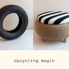 an upcycling stool with a tire as the seat