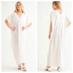 V-Neck Oversized Maxi Dress -Textured Fabric -V-Neck -Short Sleeve... V-neck Unlined Maxi Dress For Beach, White V-neck Loungewear Dress, Oversized V-neck Maxi Dress For Day Out, Summer V-neck Relaxed Fit Dress, V-neck Maxi Dress Beach Cover-up, V-neck Maxi Dress For Beach Cover-up, Relaxed Fit V-neck Maxi Dress For Vacation, White Casual V-neck Dress With Split Neck, White V-neck Maxi Dress For Loungewear