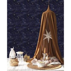 a baby's room with stars on the wall, and a canopy over it