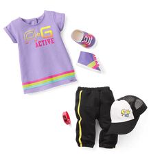 This set lets dolls put fashion into action and gear up to be on the go! Features: 

 Show Your Sporty Side Outfit for 18-inch Dolls: A light purple T-shirt dress with rainbow striped trim that's printed with an "AG Active" graphic and a pair of sneakers with stripe details

Show Your Sporty Side Accessories for 18-inch Dolls: A pair of black joggers with yellow twill tape stripes, a baseball cap with crown and gem graphics, and a faux fitness-style watch Casual Play Sets For Spring, Playful Purple Playtime Set, Sporty Playtime Sets For Spring, American Girl Store, Apple Watch Bands Fashion, Plaid Skirt Outfit, American Doll Clothes, Purple T Shirts, Bitty Baby