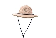 a hat with a string attached to the brim and an embroidered triangle on it