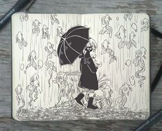 a black and white drawing of a girl holding an umbrella