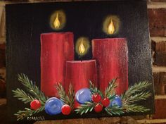 a painting of three red candles on a mantle with holly and berries around the candle