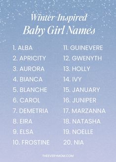 the winter - inspired baby girl names are displayed on a blue background with snow flakes