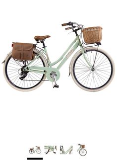 a green bicycle with a basket on the front and back wheel, sitting against a white background