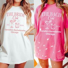 The Bach Club Bachelorette Party Custom Shirts Welcome to our shop! Please note the models shown in the pictures are wearing 1 or 2 sizes up, if this is your desired look, please keep sizing in mind.  All styles shown feature Comfort Colors C1717 an ultra-soft pigment dyed shirt featuring a comfy relaxed feel with 100% Cotton. Other details   .: 100% ring-spun cotton .: Heavy fabric (6.1 oz/yd² (206.8 g/m .: Relaxed fit .: Sewn-in twill label If you need any helping placing an order, please mess Fitted Short Sleeve Shirt For Party Season, Pink Short Sleeve Top For Party Season, Pink Tops For Bachelorette Party, Long Sleeve T-shirt For Summer Party, Fitted Short Sleeve Tops For Hen Party, White Summer Top For Hen Party, Short Sleeve Cotton Shirt For Party, Summer Bachelorette Party Crew Neck Shirt, Summer Bachelorette Party Shirt With Graphic Print