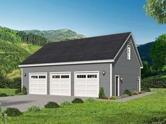 this is an artist's rendering of two garages in the country style, with one car attached