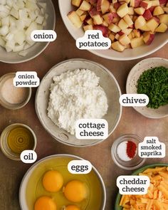 the ingredients to make an apple pie are shown in bowls and labeled with their names