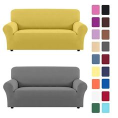 two couches with different colors on them and the same color for each one to choose from