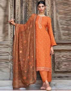 Orange Pant style Suit Pure Russian Butti Jacquard Simple Indian Suits, Pakistani Salwar Suit, Designer Suits Online, Organza Material, Dusty Orange, Party Wear Gowns, Orange Suit, Modest Evening Dress, Gown Party Wear