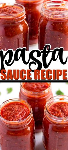 several jars filled with sauce and the words pasta sauce recipe in black text overlay