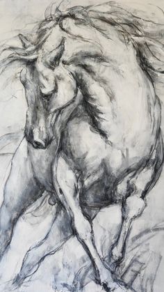 a black and white drawing of two horses running side by side in the snow,