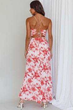 Red, floral maxi dress Lined Strappy, tie-up back Cowl neckline Zipper in back We are head over heels for our chic Janaina maxi dress. Featuring a cowl neck and a strappy back. It's perfect for sunset happy hours with your besties. Team it with strappy, white heels and hoop earrings for an on-trend look we are loving. MODEL INFO Model is wearing size XS Height: 5'7" Bust: 31.5" Waist: 23.5" Hips: 30" SIZE INFO Flat garment measurements This was manually measured from the actual garment Sizing ma Red Floral Maxi Dress, Maxi Dress Floral, Yellow Bridesmaids, Red Bridesmaids, Happy Hours, Blue Bridesmaids, White Heels, Clothing Tags, Date Night Dresses