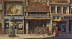 a painting of an old theater in front of a building with the name royal music hall on it