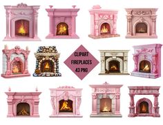 there are many different types of fireplaces in this set, including pink and white