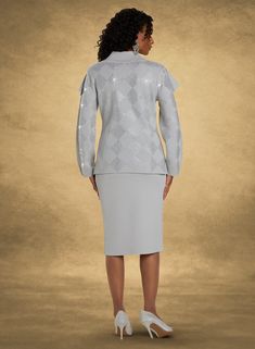 Donna Vinci Knit 13424 2 Piece Knit Skirt Suit Colors: Silver Jacket length: 26" Skirt length: 26" Size: 8, 10, 12, 14, 16, 18, 20 Suit Colors, Silver Skirt, Silver Jacket, Rhinestone Trim, Knit Skirt, Skirt Suit, Formal Occasion, Skirt Length, 2 Piece