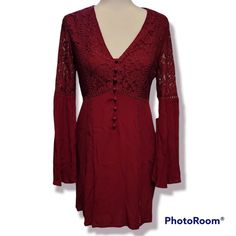 Beautiful Long Bell Sleeve Boho Dress With Lace Bust And 1/2 Button Front Color Is A Burgundy/Raspberry New With Tags Size Small Approximate Measurements Bust 16.5" Waist 14" Length 30" Reasonable Offers And Questions Welcome Fitted Bohemian Dress With Button Closure, Bohemian Fitted Dress With Button Closure, Long Sleeve Babydoll Dress, Pink And Blue Dress, Bust Dress, Midi Party Dress, Grey Long Sleeve Dress, Altard State Dresses, Blue Long Sleeve Dress