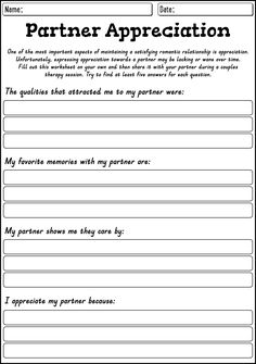 a worksheet with the words partner appreciation written in black and white on it